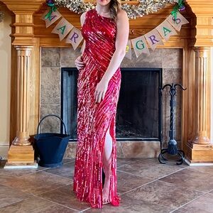 Elegant Scarlet One Shoulder Sequin Gown